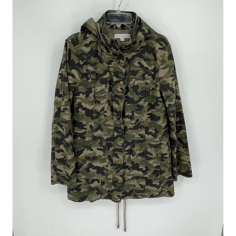 New York & Company Women's Green Camo Pockets Hooded Utility Field Jacket Size L